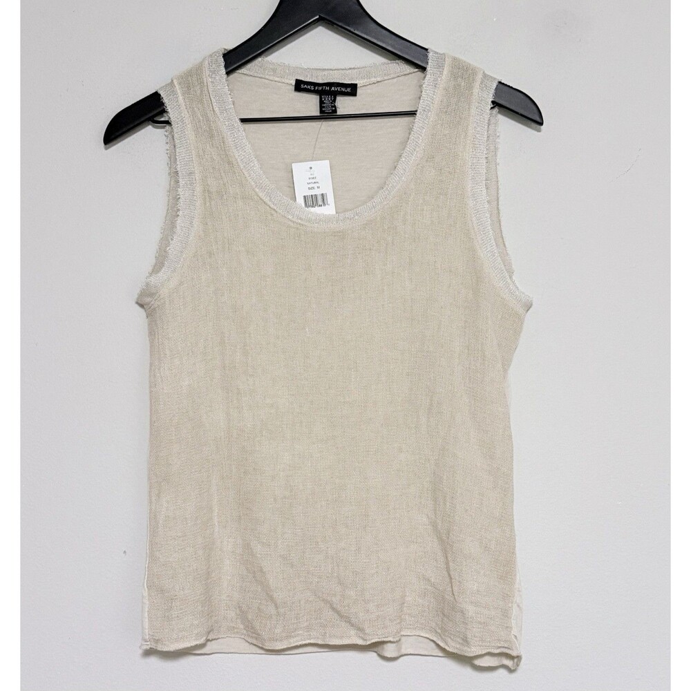 NWT Saks Fifth Avenue 100% Linen Tank Sz M Crinkle Texture Sparkle Trim